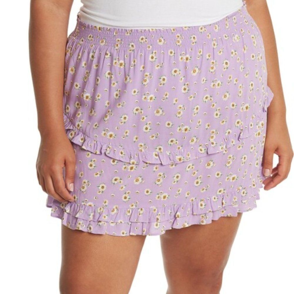 Abound Skirt Mini Purple Floral Ruffle Stretch Smocked Waist Josie